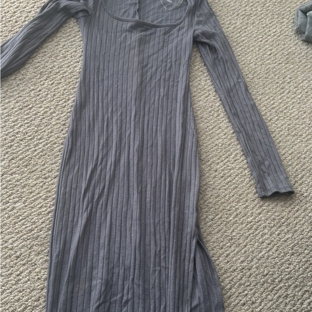 Elegant Gray Ribbed Long Sleeve Dress